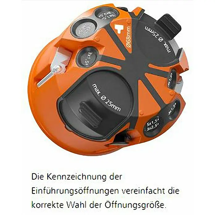 Kaiser Hohlwanddose 9263-22 - 68 x 49 mm, Orange, 1 Stk., Winddicht - Ein orangefarbenes Werkzeug zum einfachen Auswählen der richtigen Öffnungsgröße für Kabeldurchführungen.