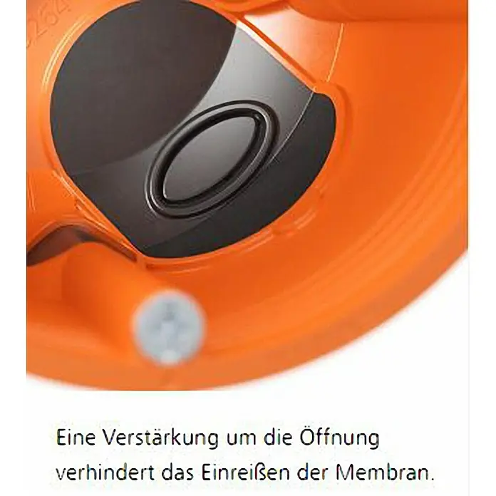 Kaiser Hohlwanddose 9263-22 - 68 x 49 mm, Orange, 1 Stk., Winddicht - Detailaufnahme des orangefarbenen Produkts, das eine Verstärkung um die Öffnung aufweist, um das Einreißen der Membran zu verhindern.