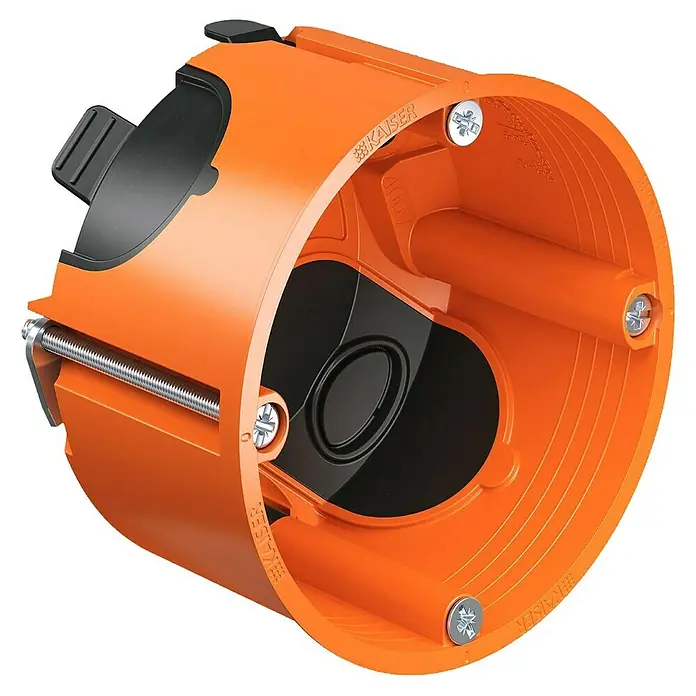 Kaiser Hohlwanddose 9263-22 - 68 x 49 mm, Orange, 1 Stk., Winddicht - Das Bild zeigt eine Kaiser Elektronikdose in Orange mit schwarzem Einsatz, ideal für Elektroinstallationen in Hohlwänden.