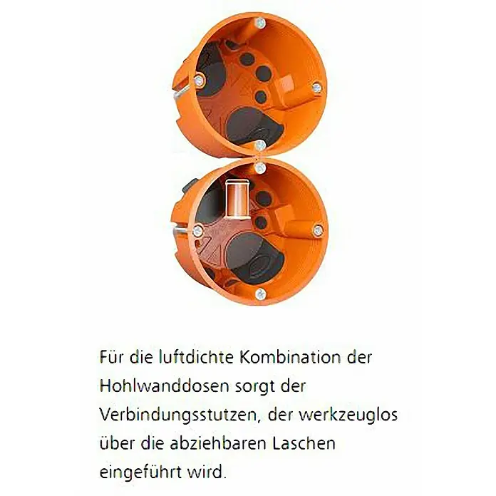 Kaiser Hohlwanddose 9263-22 - 68 x 49 mm, Orange, 1 Stk., Winddicht - Das Bild zeigt zwei orangefarbene Hohlwanddosen, die luftdicht miteinander verbunden werden können, dank des werkzeuglosen Verbindungsstutzens.