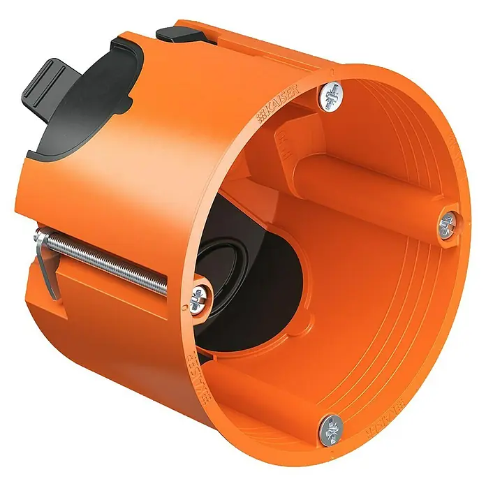 Kaiser Hohlwanddose 9264-22 - 68 x 62 mm, Orange, 1 Stk., Winddicht - Nahaufnahme einer orangefarbenen Kaiser Elektro-Installationsdose für den Trockenbau, ein Muss für Elektriker und Heimwerker.