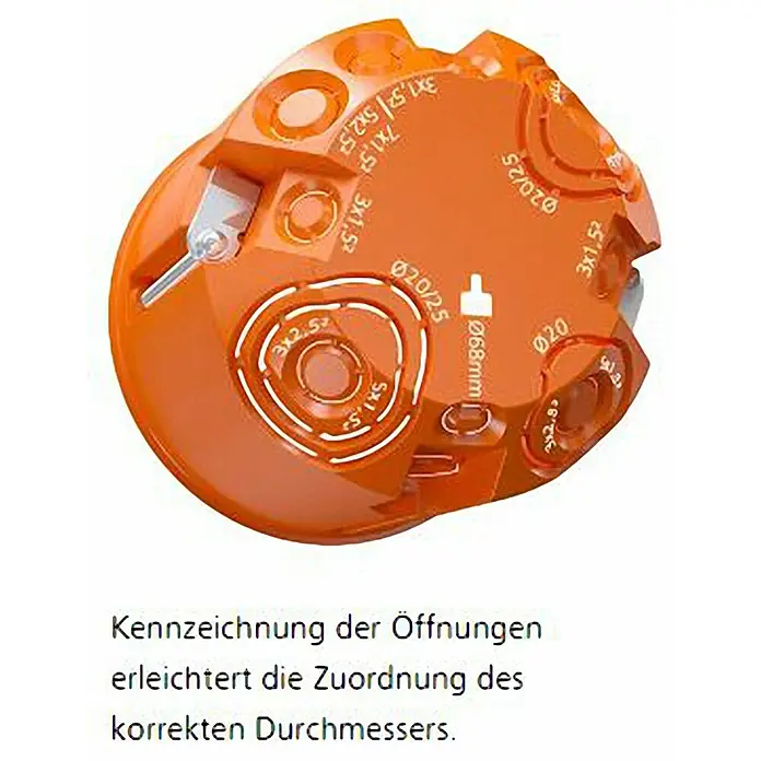 Kaiser Hohlwanddose 9062-02 - 71 x 47 mm, 2-fach, Orange, 1 Stk. - Nahaufnahme eines orangefarbenen Universalwerkzeugs mit verschiedenen Öffnungsgrößen für Kabeldurchmesser.