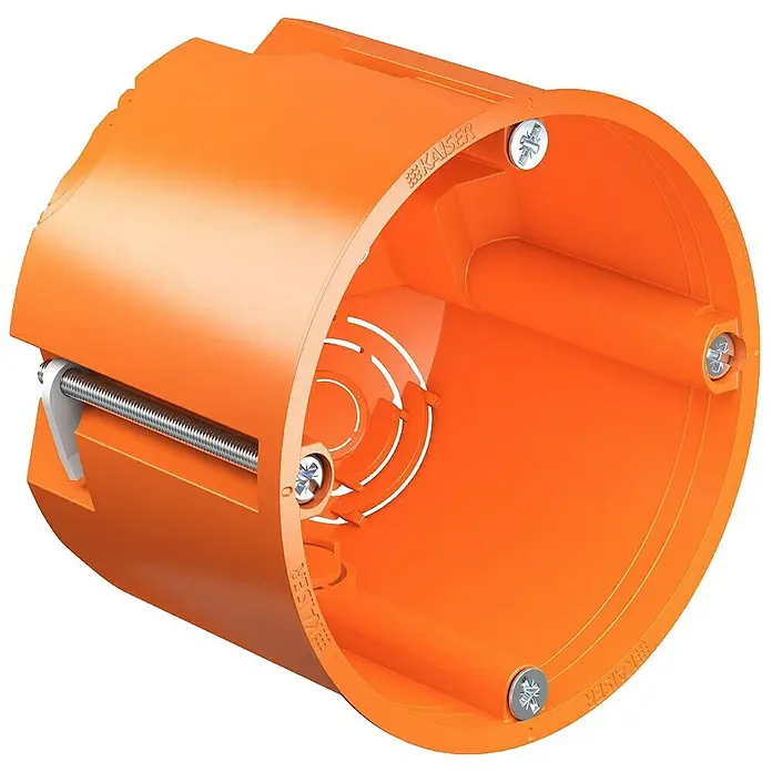 Kaiser Hohlwanddose 9064-02 - 68 x 62 mm, Hohlwand, Orange, 25 Stk. - Nahaufnahme einer orangefarbenen Kaiser Elektroinstallationsdose für Hohlwandmontage, die für elektrische Installationen verwendet wird.