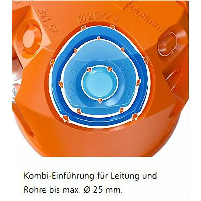 Kaiser Hohlwanddose 9062-02 - 71 x 47 mm, 2-fach, Orange, 1 Stk. - Kombi-Einführung für Leitungen und Rohre bis Ø 25 mm. Die Einführung ist orange und blau.
