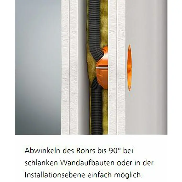 Kaiser Hohlwanddose 9064-02 - 68 x 62 mm, Hohlwand, Orange, 25 Stk. - Installation eines flexiblen Rohrsystems mit 90°-Winkelstück, eingebettet in einer Wand.