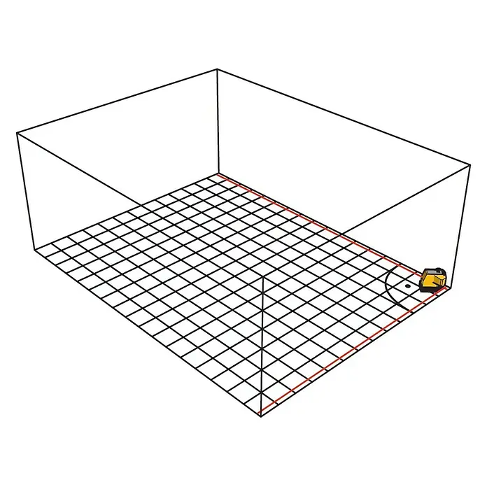 Stabila Bodenlinien-Laser FLS 90 - Ca. 15 m, 90 ° - Das Bild zeigt eine 3D-Darstellung eines Raumes mit einem rot markierten Laser-Entfernungsmesser in einer Ecke.