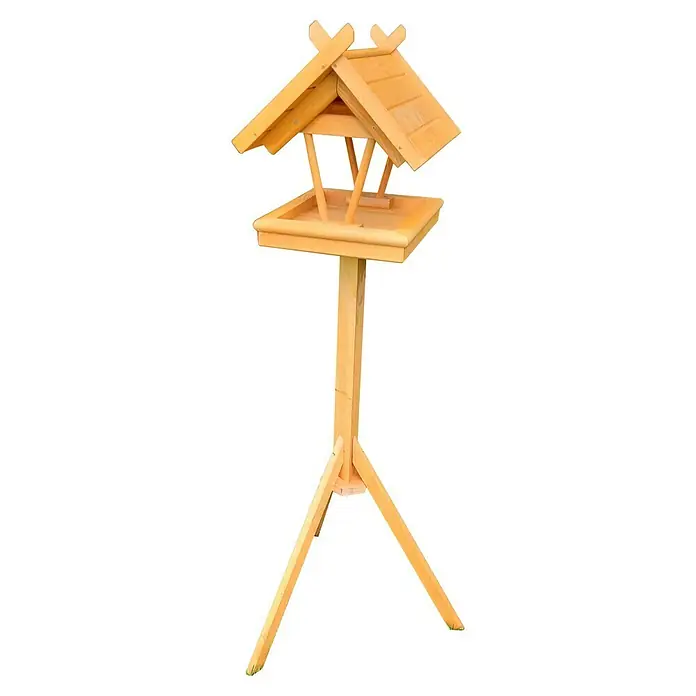 Promadino Vogelhaus Rhön - 42 x 36 x 38 cm, Holz, Braun, Ausstattung: Vogelhausständer - Ein hölzernes Vogelhaus mit einem spitzen Dach, das auf einem stabilen Ständer montiert ist, ideal für den Garten.