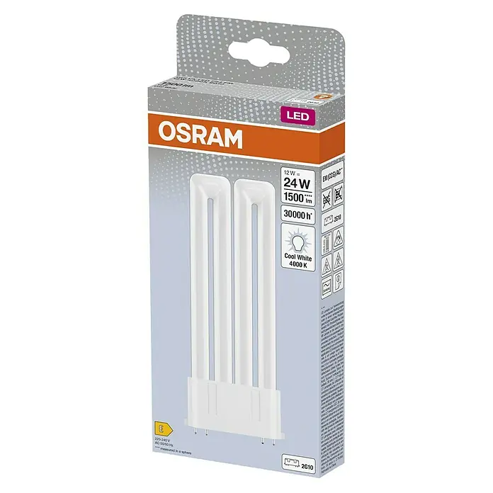 Osram LED-Röhre DULUX LED F 2G10 - Länge: 16,95 cm, Nicht Dimmbar, Kaltweiß, 1.500 lm, 12 W - Verpackung einer OSRAM LED-Lampe mit 12W bis 24W Leistung, 1500 Lumen Lichtstrom und einer Lebensdauer von 30000 Stunden in neutralweißem Licht (4000K).