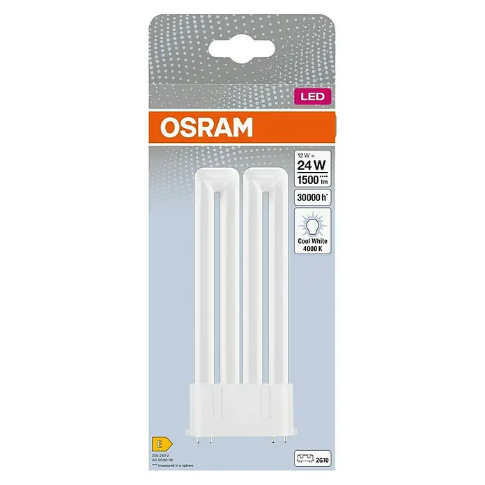 Osram LED-Röhre DULUX LED F 2G10 - Länge: 16,95 cm, Nicht Dimmbar, Kaltweiß, 1.500 lm, 12 W - Produktverpackung einer OSRAM LED-Lampe mit 12W, die 24W entspricht, 1500 Lumen Lichtstrom und einer Lebensdauer von 30000 Stunden bietet.