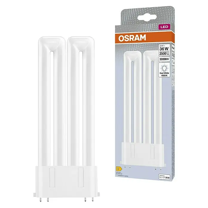Osram LED-Röhre DULUX LED F 2G10 - Länge: 22,15 cm, Nicht Dimmbar, Kaltweiß, 2.500 lm, 20 W - Produktansicht: OSRAM LED-Lampe, 36W, mit Verpackung. Ideal für helle, effiziente Beleuchtung mit einer langen Lebensdauer von 30000 Stunden.