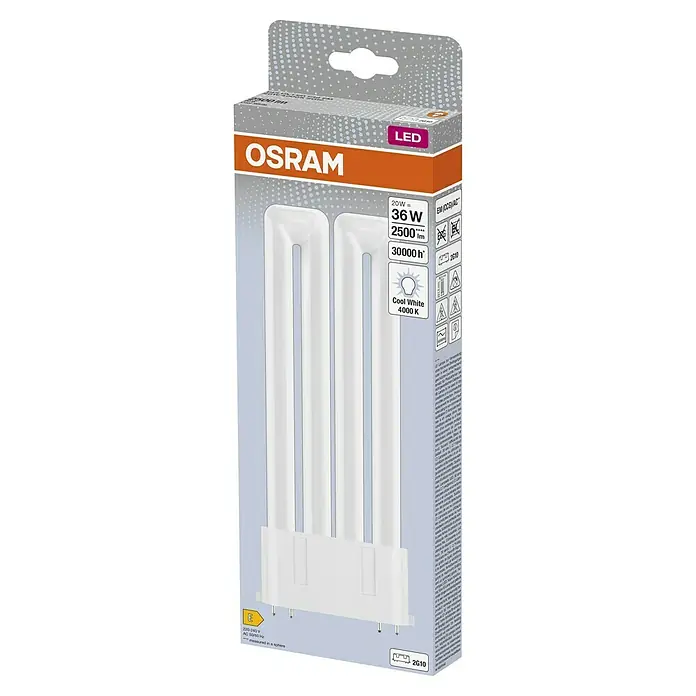 Osram LED-Röhre DULUX LED F 2G10 - Länge: 22,15 cm, Nicht Dimmbar, Kaltweiß, 2.500 lm, 20 W - Produktverpackung einer OSRAM LED-Lampe, 20W Leistung, 36W Vergleichswert, 2500 Lumen Helligkeit und 4000K Farbtemperatur.