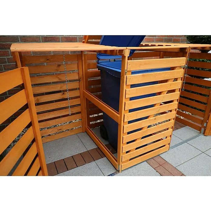 Promadino Mülltonnenbox Variov -  - Hölzerne Mülltonnenbox mit einer blauen Mülltonne, die eine saubere und organisierte Lösung für die Müllentsorgung im Freien bietet.