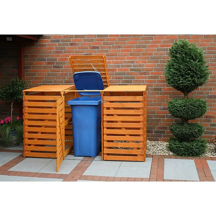 Promadino Mülltonnenbox Variov -  - Diese Aufnahme zeigt einen stilvollen Mülltonnenbox aus Holz mit einer blauen Mülltonne, die sich harmonisch in den Garten einfügt.