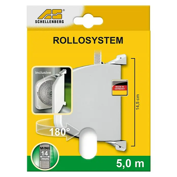 Schellenberg Recogedor de cinta de persiana Mini - Montaje en la pared, Anchura de la correa: 14 mm, Blanco - Embalaje de un sistema de persiana enrollable Schellenberg, con mini correa (14 mm de ancho), 5,0 m de largo y 14,5 cm de alto.