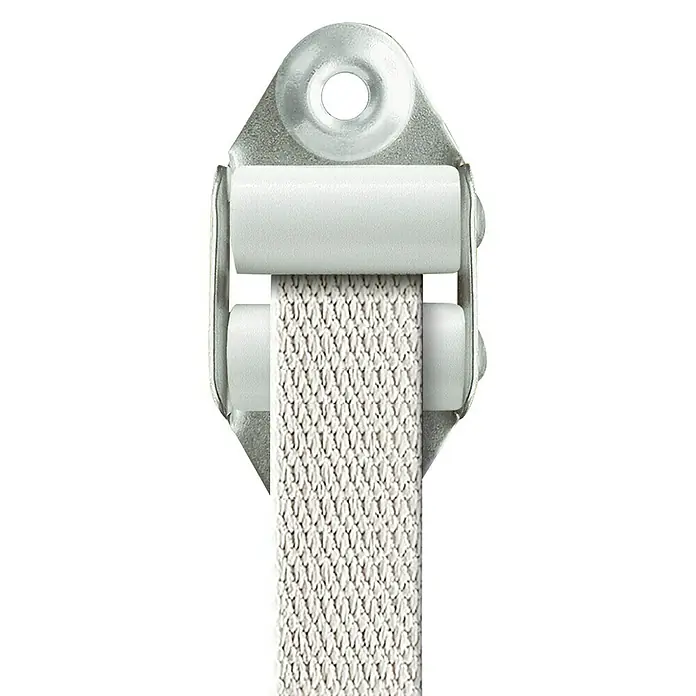 Schellenberg Polea 51002 - Blanco, Anchura de la correa: 23 mm - Primer plano de una correa de persiana enrollable con suspensión. El producto es gris claro y tiene un soporte para el montaje.