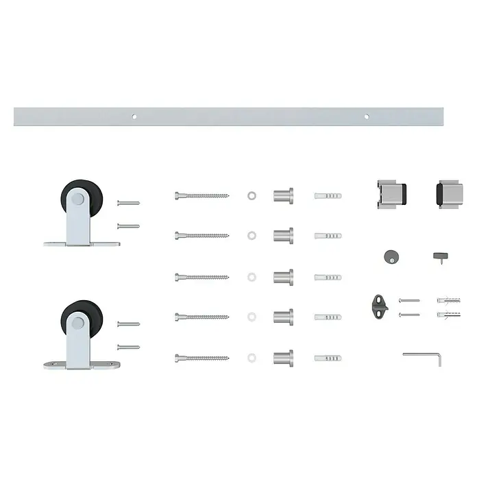 Herraje para puertas correderas de madera - Acero, Cromo - La imagen muestra un kit de herrajes para puerta corredera, que incluye riel, rodillos, tornillos, anclajes y accesorios de instalación.