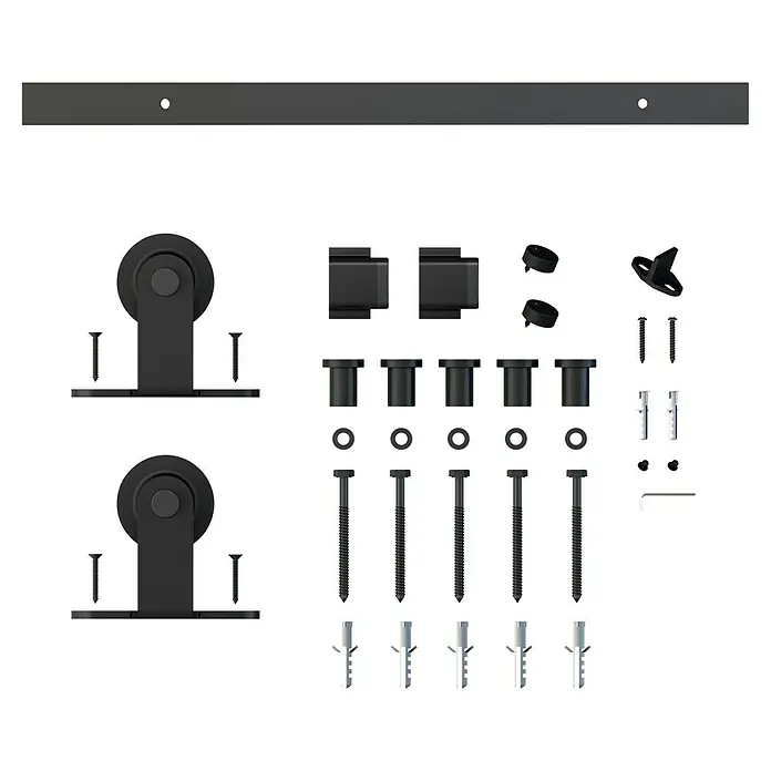 Herraje para puertas correderas de madera - Acero, Negro - Componentes para un kit de herrajes para puertas corredizas, incluyendo riel, rodillos, topes y tornillos. Este kit contiene todas las piezas necesarias.