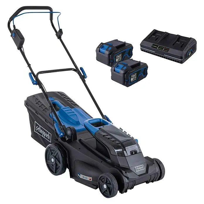 Scheppach IXES 20V Akku-Rasenmäher BC-MP380-X - 40 V, 2 Akkus, 4 Ah, Schnittbreite: 38 cm - Akkurasenmäher-Set von Scheppach mit zwei Akkus und Ladegerät, ideal für jeden Garten. Komfortable Handhabung für ein perfektes Ergebnis.