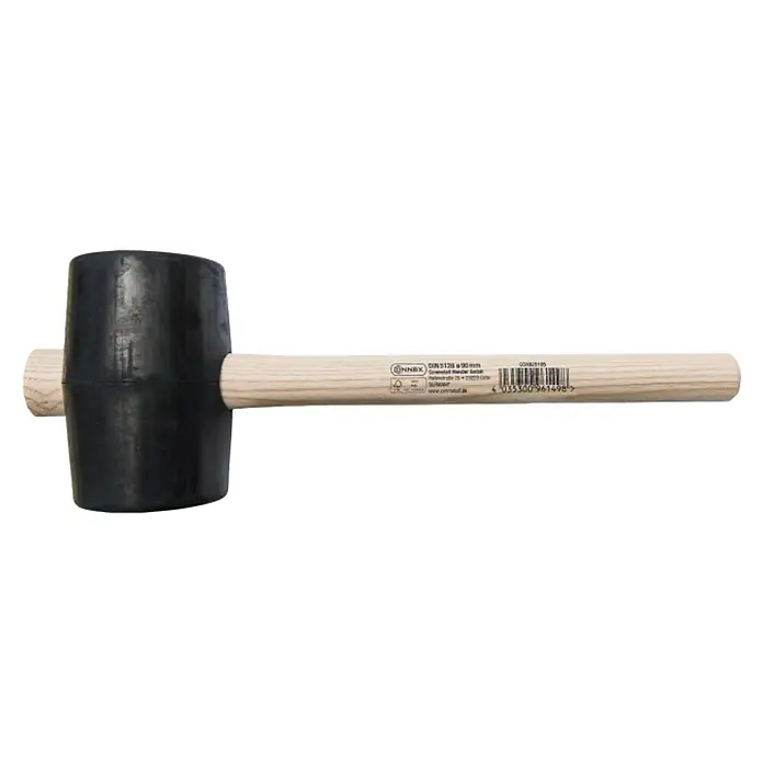 Mazo - Plástico, Diámetro de vástago: 90 mm - Un mazo de goma con cabeza negra y mango de madera clara. Ideal para trabajos delicados donde no se quiere dañar las superficies.