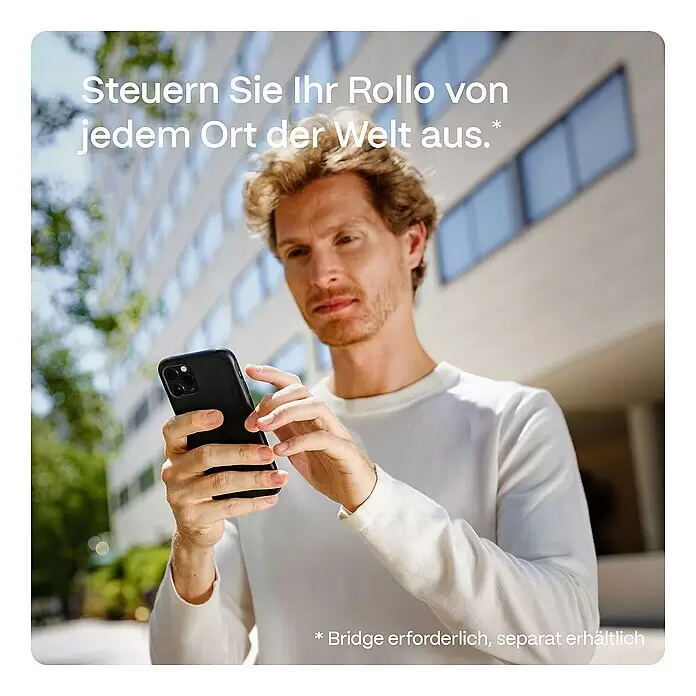 Rollo Elektrisch - B x H: 80 x 190 cm, Tageslichtdurchlässig, Grau, Uni - Ein Mann steuert mit seinem Smartphone ein Rollo aus der Ferne.