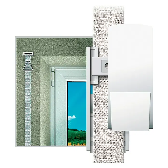 Schellenberg Duo Plus Guía para correa de persiana - L x An x Al: 8,5 x 2,5 x 3,8 cm, Apto para: Maxi sistemas de persianas enrollables, Blanco - Primer plano de un sistema de persianas enrollables, destacando los detalles de su diseño e instalación.