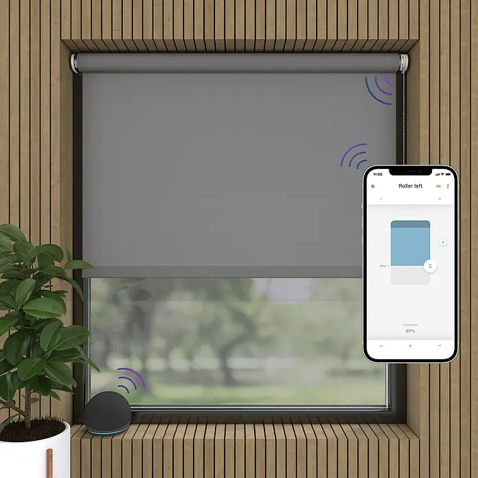 Rollo Elektrisch - B x H: 100 x 190 cm, Tageslichtdurchlässig, Grau, Uni - Intelligente Rollos mit Sprachsteuerung und Smartphone-App. Steuern Sie Ihre Rollos bequem per Sprachbefehl oder über die App.