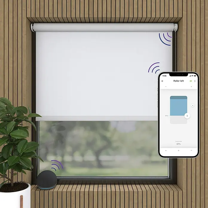 Rollo Elektrisch - B x H: 180 x 190 cm, Tageslichtdurchlässig, Weiß, Uni - Intelligente, weiße Rollläden mit Sprachsteuerung und Smartphone-App-Bedienung für ein modernes Zuhause.