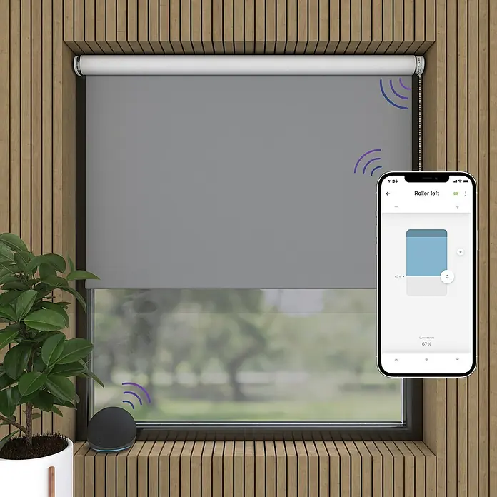Verdunkelungsrollo Elektrisch - B x H: 160 x 190 cm, Hellgrau, Uni - Intelligente, graue Rollladensteuerung mit App-Steuerung und Sprachassistent-Integration für bequeme Bedienung.