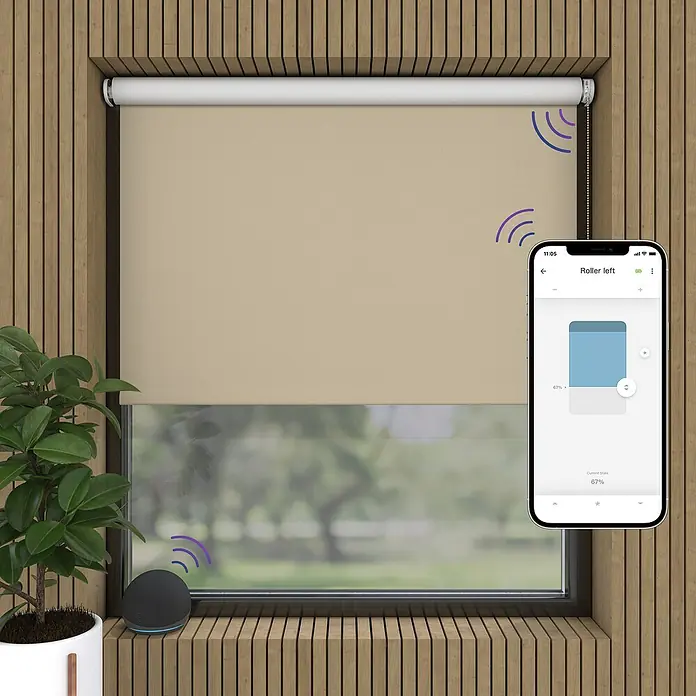 Verdunkelungsrollo Elektrisch - B x H: 120 x 190 cm, Sand, Uni - Intelligente Rollos: Bequeme Steuerung über Smartphone-App und Sprachassistent. Automatisieren Sie Ihr Zuhause mit diesen modernen Rollos.