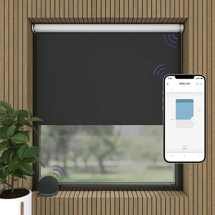 Verdunkelungsrollo Elektrisch - B x H: 60 x 190 cm, Schwarz, Uni - Intelligente, per App steuerbare Rollläden. Das smarte Rollo kann mit einem digitalen Assistenten bedient werden und lässt sich einfach per Handy steuern.