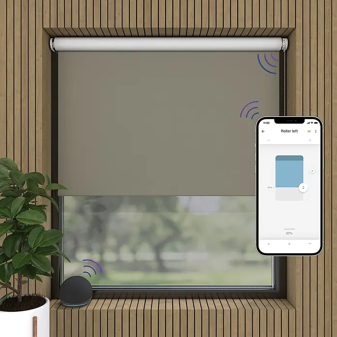 Verdunkelungsrollo Elektrisch - B x H: 90 x 190 cm, Zement, Uni - Intelligentes Rollo mit Sprachsteuerung, gesteuert über eine App, die eine bequeme und moderne Lösung für die Hausautomation bietet.
