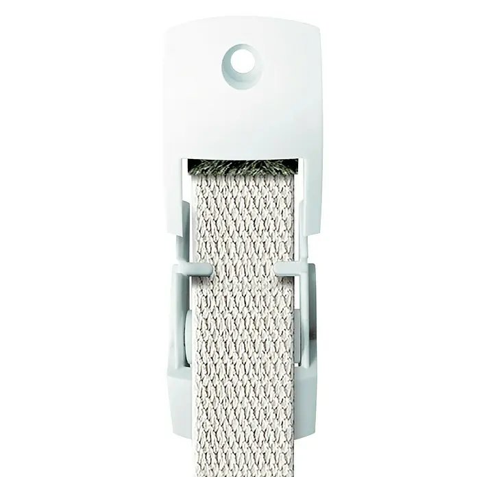 Schellenberg Duo Guía para correa Maxi - Apto para: Maxi sistemas de persianas enrollables, Anchura de la correa: 23 mm, Blanco - Primer plano de un enrollador de cinta de persiana con una cinta textil de color claro enrollada cuidadosamente, presentado sobre un fondo neutro y limpio.