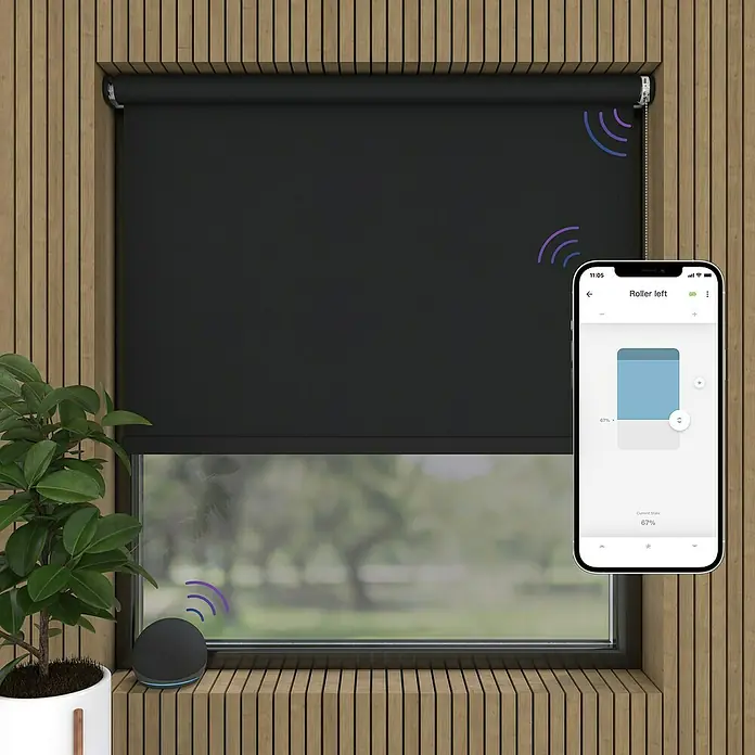 Verdunkelungsrollo Mila Elektrisch - B x H: 80 x 190 cm, Schwarz, Uni - Smarte, verdunkelnde Rollo mit Sprachsteuerung. Das Rollo ist per App steuerbar und sorgt für Privatsphäre und Komfort.