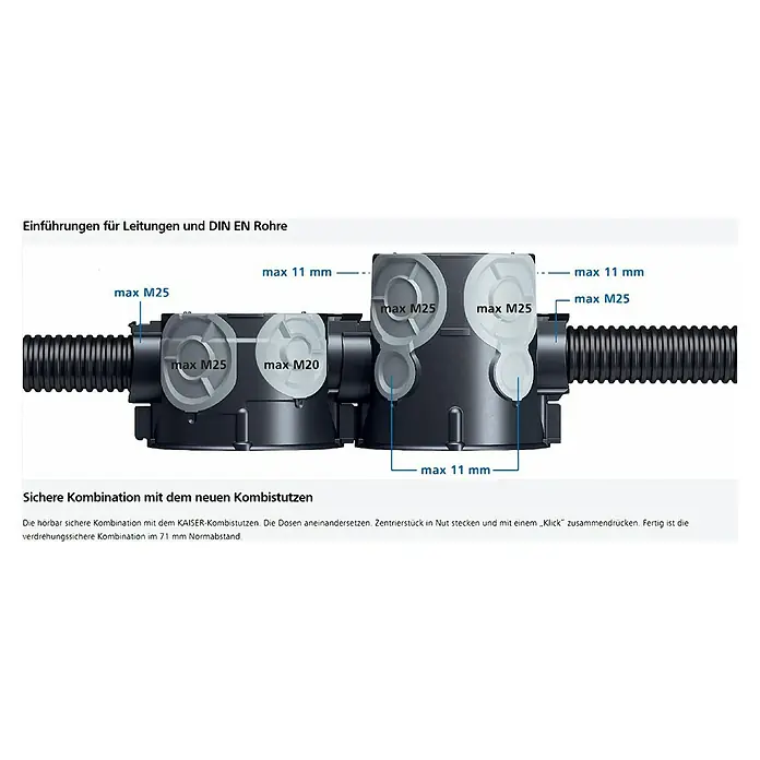 Kaiser Schalterdose ECON 10 - 60 x 46 mm, 1-fach, Schwarz, Winddicht, 1 Stk. - Abbildung der Kaiser Kombi-Dosen mit Einführungen für Leitungen und DIN EN Rohre, die eine sichere Kombination ermöglichen.\n