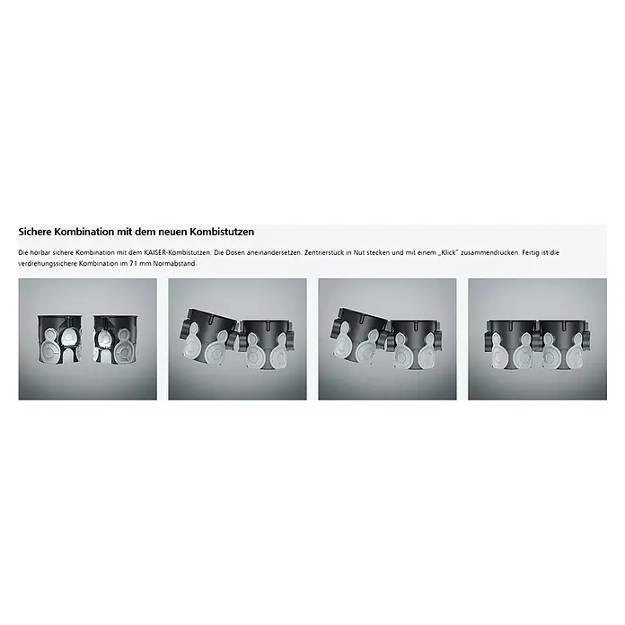 Kaiser Schalterdose ECON 10 - 60 x 46 mm, 1-fach, Schwarz, Winddicht, 1 Stk. - Sichere KAISER-Kombistutzen-Kombination. Die Dosen werden einfach zusammengesteckt und mit einem Klick verbunden, für eine verdrehsichere Installation.