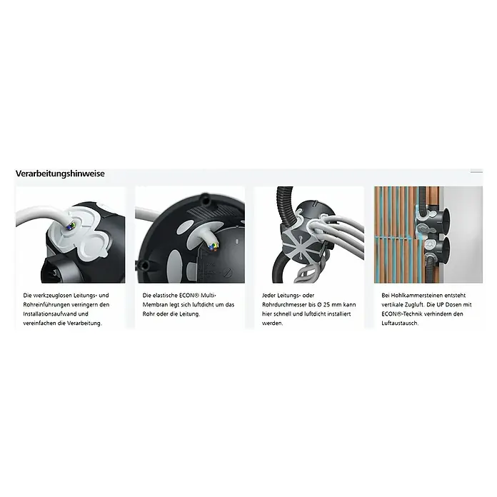 Kaiser Schalterdose ECON 10 - 60 x 46 mm, 1-fach, Schwarz, Winddicht, 1 Stk. - Verarbeitungshinweise: Die werkzeuglosen Leitungs- und Rohreinführungen des ECON®-Systems vereinfachen die Installation und sparen Zeit.