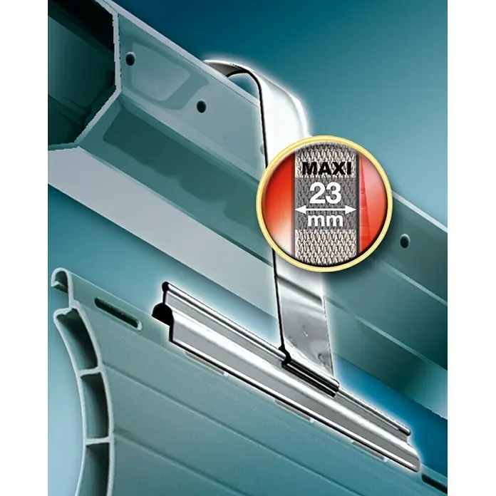 Schellenberg Fleje para persiana Maxi - Anchura de la correa: 23 mm - Vista detallada de un sistema de persiana enrollable, destacando la indicación de tamaño "Maxi 23 mm".\n