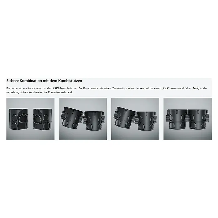 Kaiser Schalterdose 1055-04 - Ø x L: 60 x 46 mm, 1-fach, Schwarz, 25 Stk. - Sichere Kombination mit dem KAISER-Kombistutzen. Die Installationsdosen werden einfach zusammengesteckt für eine sichere und verdrehungssichere Verbindung.