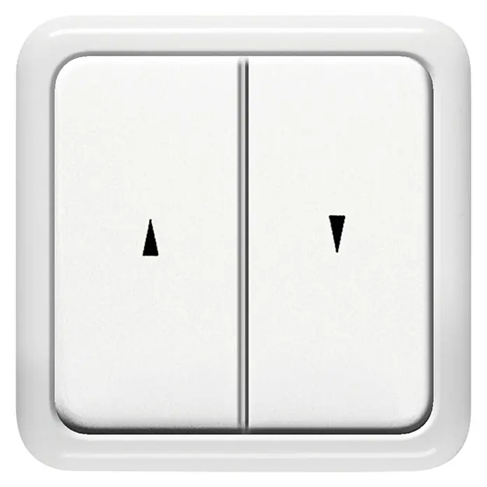Schellenberg Interruptor para persianas 23005 - Blanco, Rectangular, Para interior - Un interruptor cuadrado blanco con dos botones y flechas arriba y abajo para controlar persianas enrollables o estores.