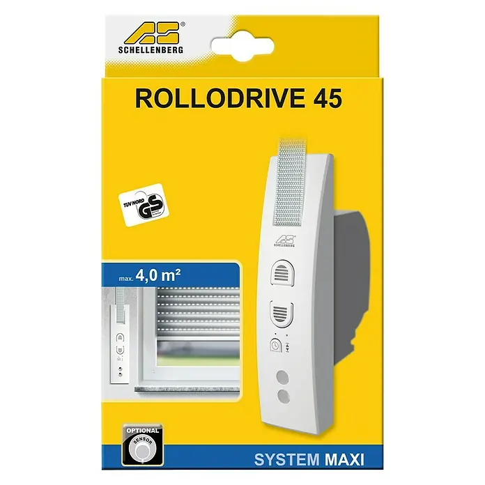 Schellenberg Rollodrive Recogedor de cinta de persiana 45 - L x An x Al: 22 x 16 x 5,5 cm, Apto para: Maxi sistemas de persianas enrollables - La imagen muestra el embalaje del Schellenberg RolloDrive 45, un sistema de accionamiento para persianas enrollables para ventanas de hasta 4,0 m².