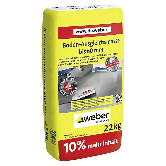 SG Weber Ausgleichsmasse - 22 kg, Schichtdicke: 1 mm - 60 mm - Produktbild: Sack Weber Bodenausgleichsmasse bis 60 mm, 22 kg, für den Innen- und Aussenbereich.