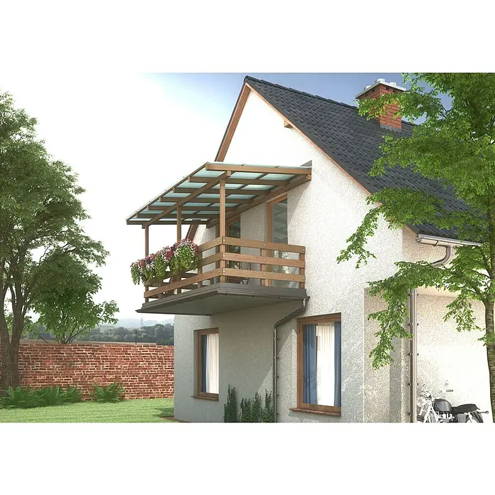 Lámina corrugada Owellan - An x L: 1,5 x 5 m, Otros, Natural - Una casa de dos pisos con un balcón adornado con flores y un dosel cubierto.