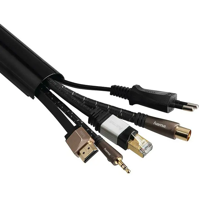 Hama Kabelkanal - 1,1 m x 33 mm x 18 mm, Schwarz - Hama Kabel-Set mit verschiedenen Anschlüssen, inklusive HDMI, Audio, Netzwerk und Stromkabel, ordentlich gebündelt.