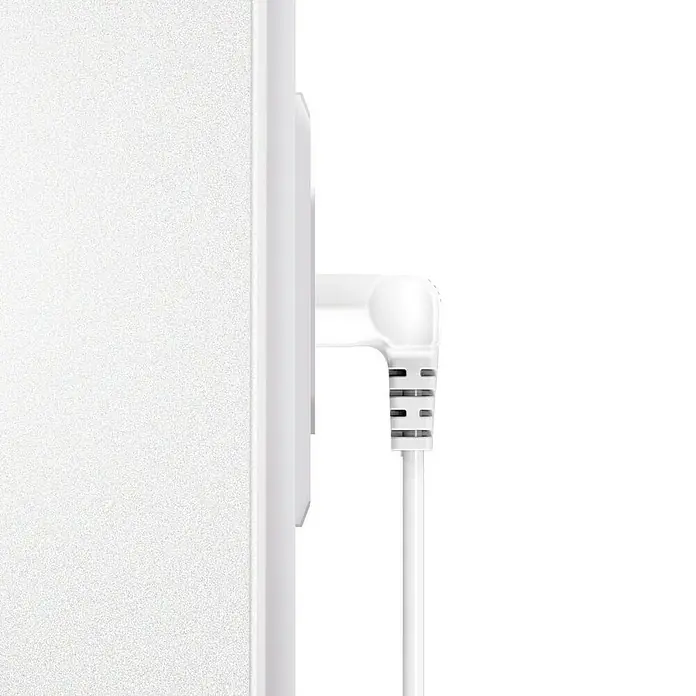 Hama Netzkabel 90° gewinkelt Doppelnut C7 - Weiß, Länge: 5 m, Eurostecker, 2,5 A - Nahaufnahme eines weißen Netzkabels, das an ein weißes Gerät angeschlossen ist und eine saubere und moderne Ästhetik betont.