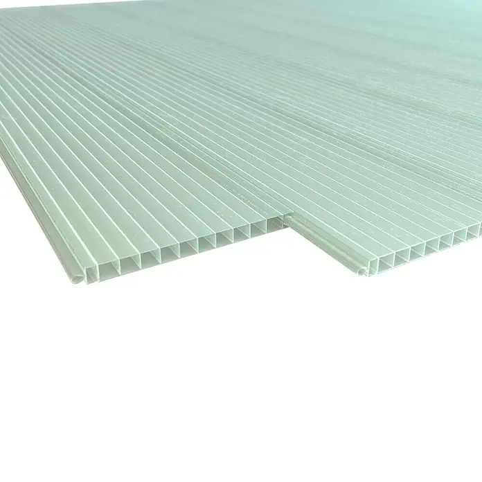 Hohlkammerpaneel - 2.500 x 200 x 16 mm, Glasgrün, Polycarbonat - Nahaufnahme einer transluzenten, gerippten Polycarbonatplatte, ideal für Bau- und DIY-Projekte. Vielseitig, leicht und robust.
