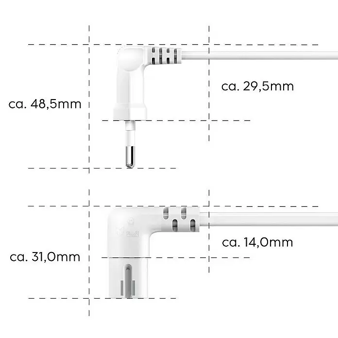 Hama Netzkabel 90° gewinkelt Doppelnut C7 - Weiß, Länge: 5 m, Eurostecker, 2,5 A - Weißer gewinkelter elektrischer Stecker mit Kabel, zeigt ungefähre Abmessungen.