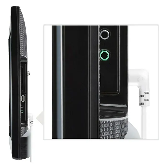 Hama Netzkabel 90° gewinkelt Doppelnut C7 - Weiß, Länge: 5 m, Eurostecker, 2,5 A - Nahaufnahme der Anschlüsse eines schwarzen Fernsehers, einschließlich USB- und Audioanschlüsse.