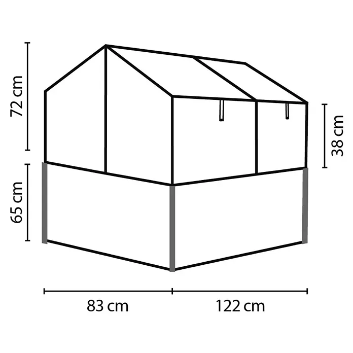 Vitavia Hochbeet mit Frühbeet-Aufsatz - 121,7 x 83,1 x 135,1 cm, Schwarz, Polycarbonat - Ansicht des Gewächshauses mit Maßangaben zu Höhe und Breite.