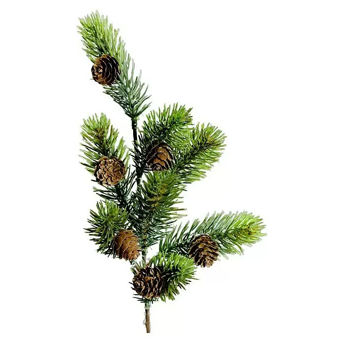 Kunstpflanze Tannenzweig - Höhe: 38 cm, Grün, Kunststoff - Künstlicher Tannenzweig mit grünen Nadeln und mehreren braunen Tannenzapfen, ideal für festliche Dekoration.