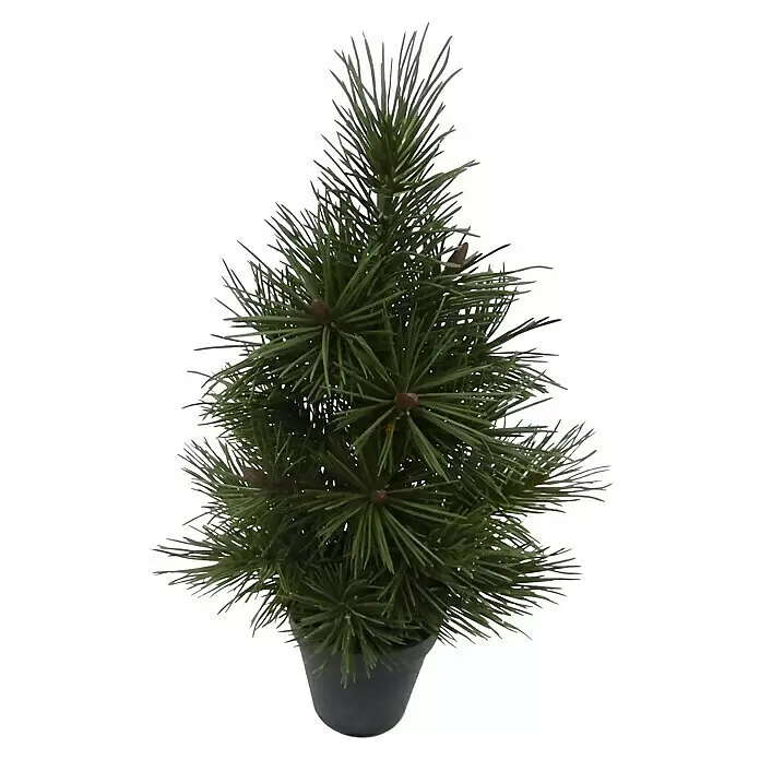 Kunstpflanze Kiefernbaum - Höhe: 40 cm, Grün, Kunststoff - Künstlicher Kiefernbaum im Topf mit grünen Nadeln und kleinen braunen Zapfen.